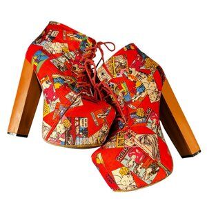 Traffic Pop Art Comic Print Platform Heels Lace Up Booties Size 7.5 6" Heel